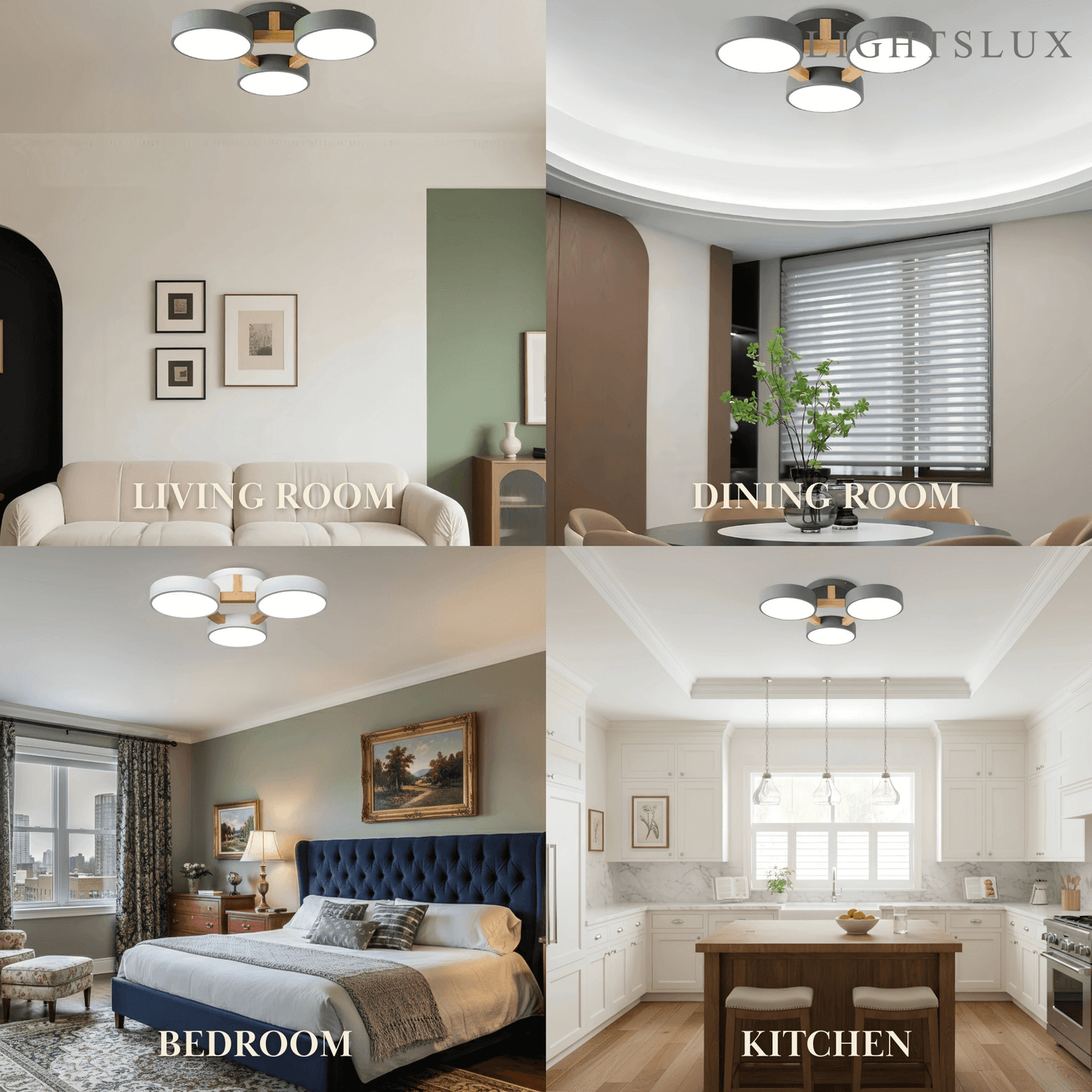 Round Ceiling Light – 3-Color Fixture with Three Heads Bedroom
