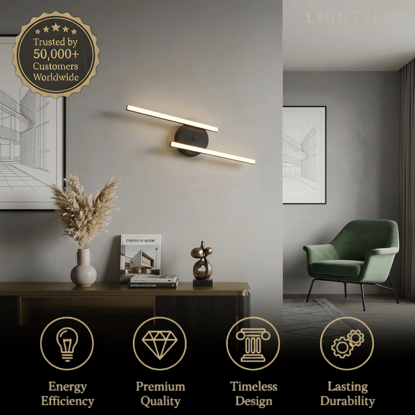 Arcato Modern Black/Silver Double Linear Wall Light