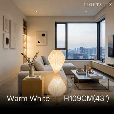 Zenno Art Deco Floor Lamp – White Pleated Fabric & Metal for Bedroom