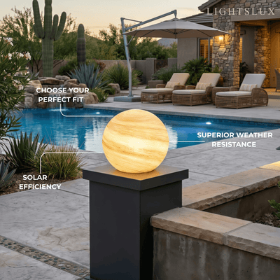 Lunara Art Deco Globe Outdoor Post Light – Moon-Shaped Metal/Glass Solar Pillar Lamp