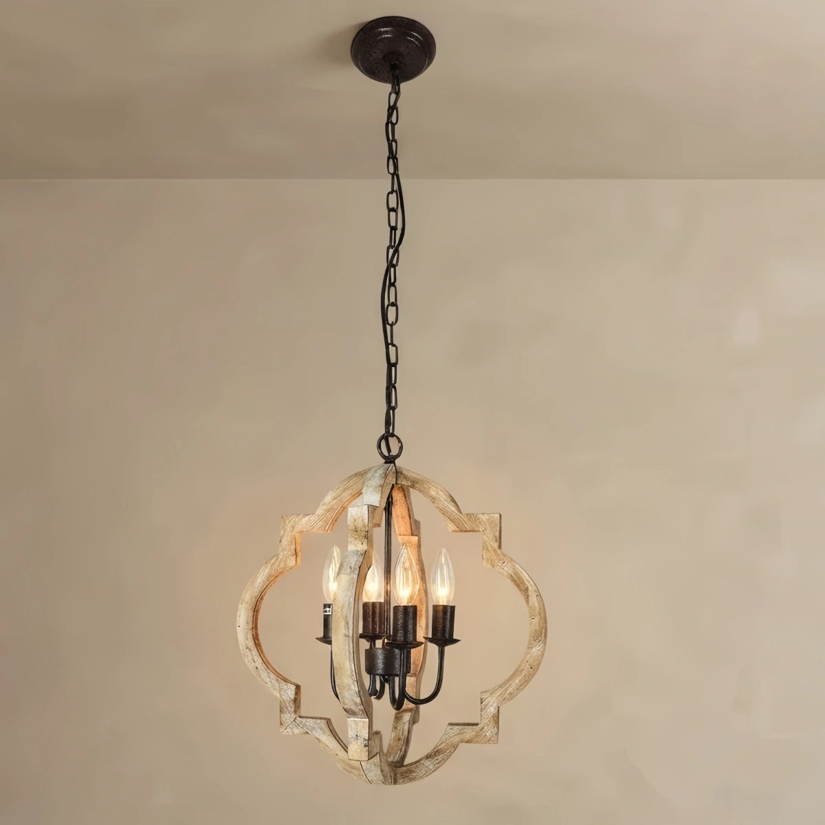 Vintage Wood Pendant Light- 4-Light Candle Lantern for Dining Room