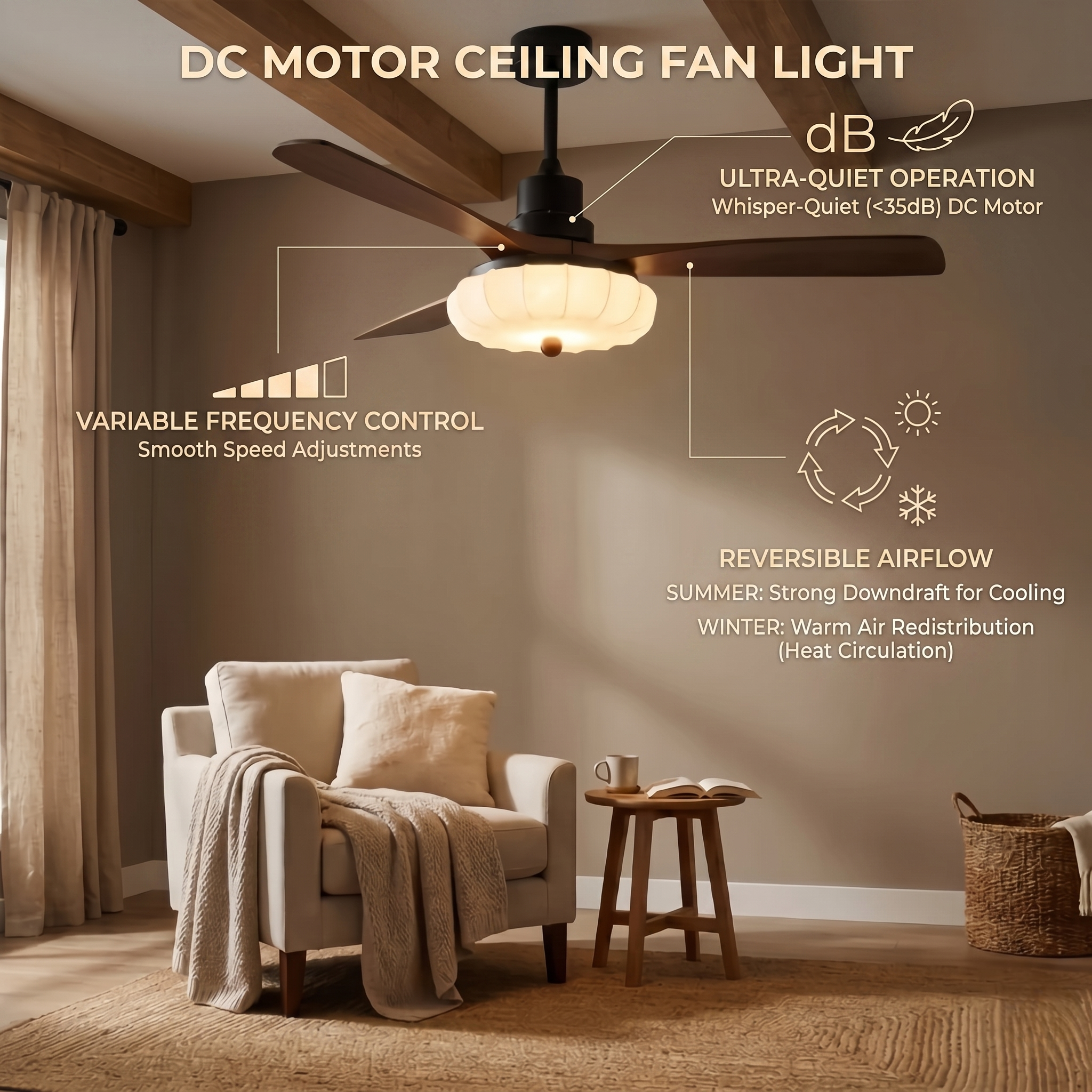 Fan Light — Lotus Fabric Shade & Walnut Wood Blades for Bedroom