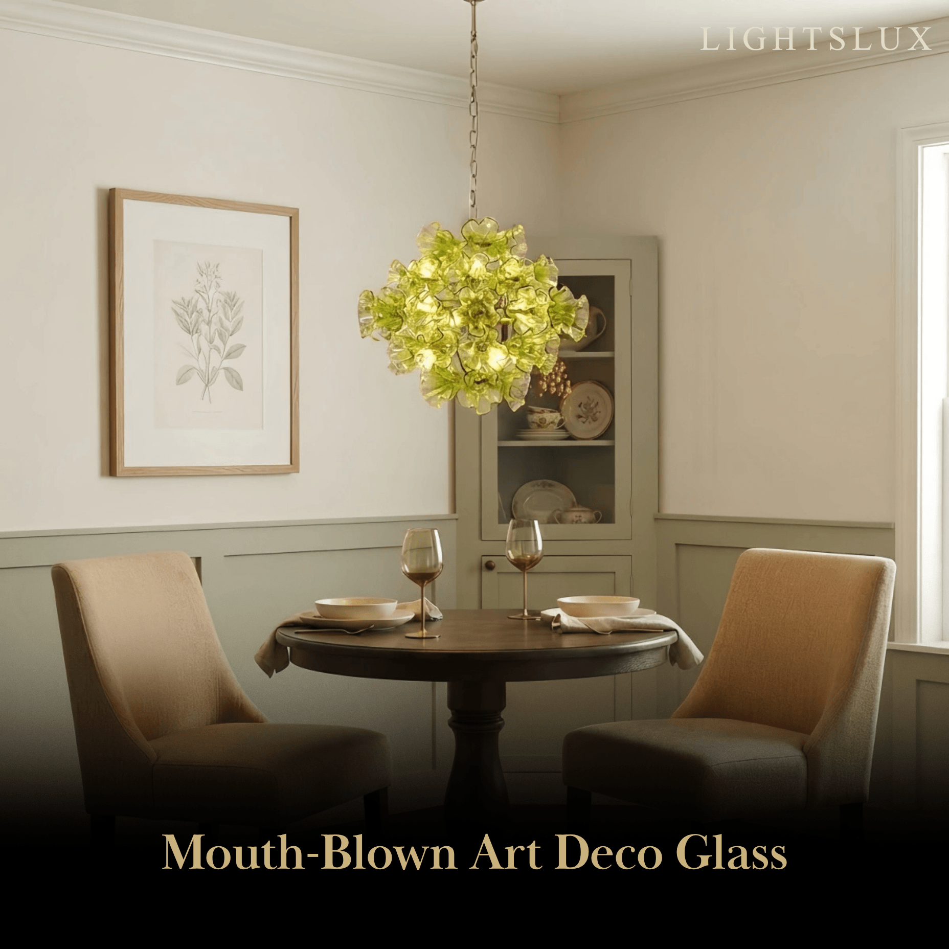 Vetro Mid-Century Glass Chandelier -- Green Ruffled Petals for Dining