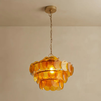 Art Deco Glass Chandelier -- Green or Orange Layered Pendant for Dining Room