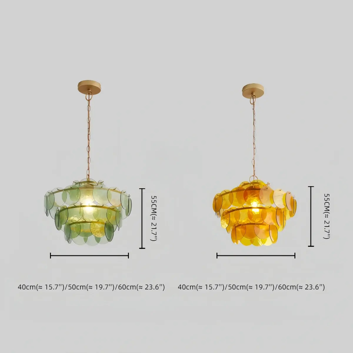 Vetro Art Deco Glass Chandelier -- Green or Orange Layered Pendant for Dining Room Size