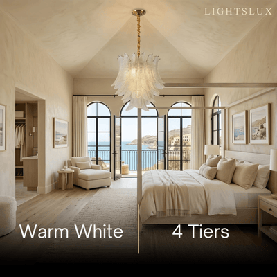 Excelis Luxury Sculptural Glass Leaf Chandelier -- 4 Tiers Metal Frame for Dining Room