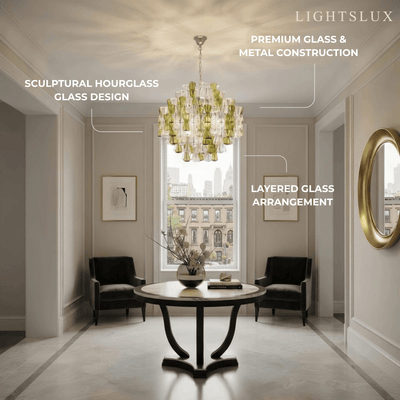 Excelis Luxury Glass Chandelier -- Clear & Green Hourglass for Foyer