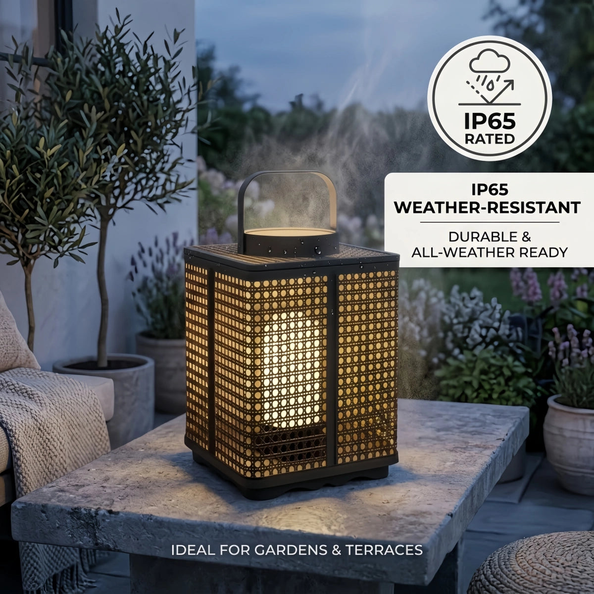 Bamburo Minimalist Outdoor Floor Lamp -- Metal & Rattan Beige for Garden