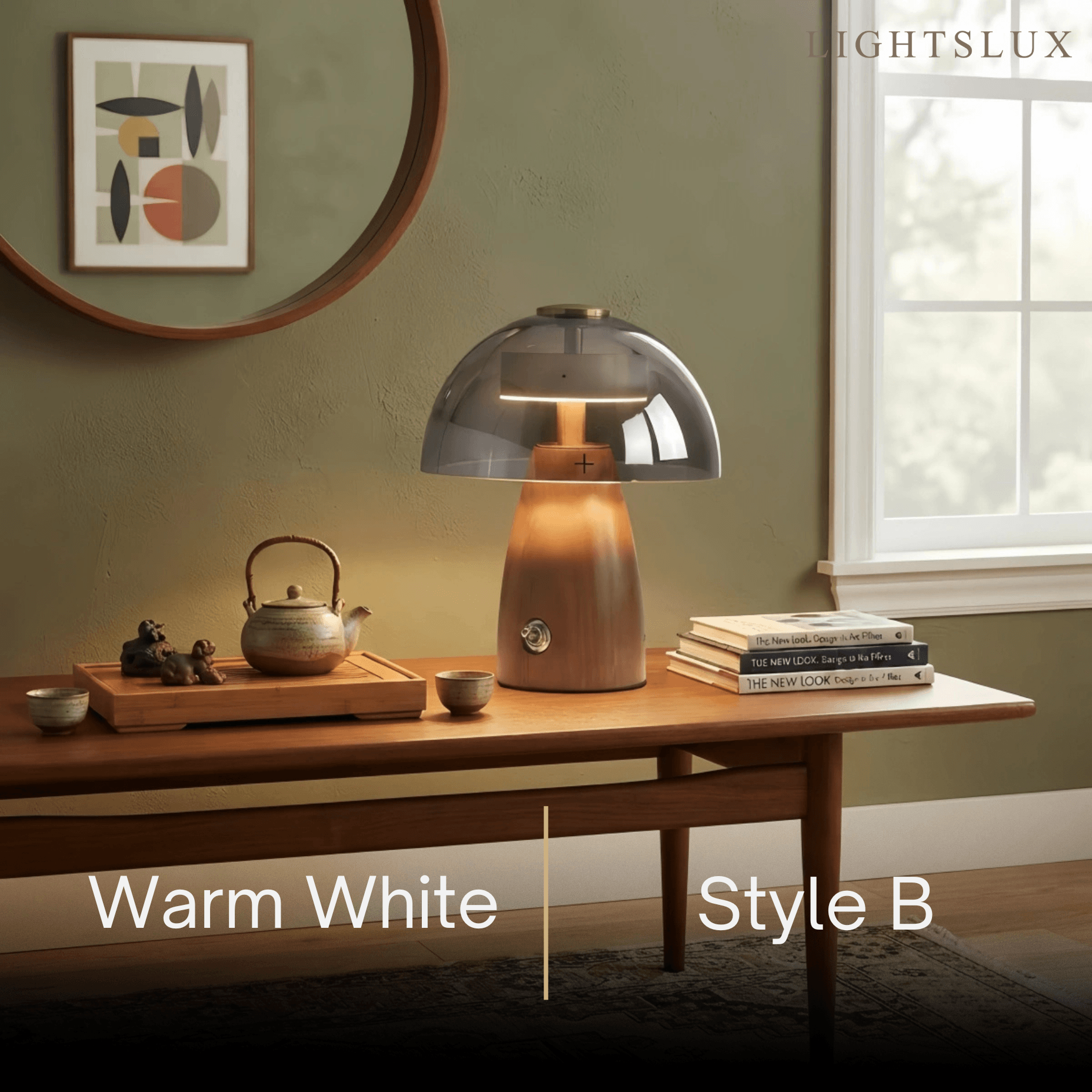Vintage Table Lamp — Rubber wood & Smoked Glass for Bedroom Study