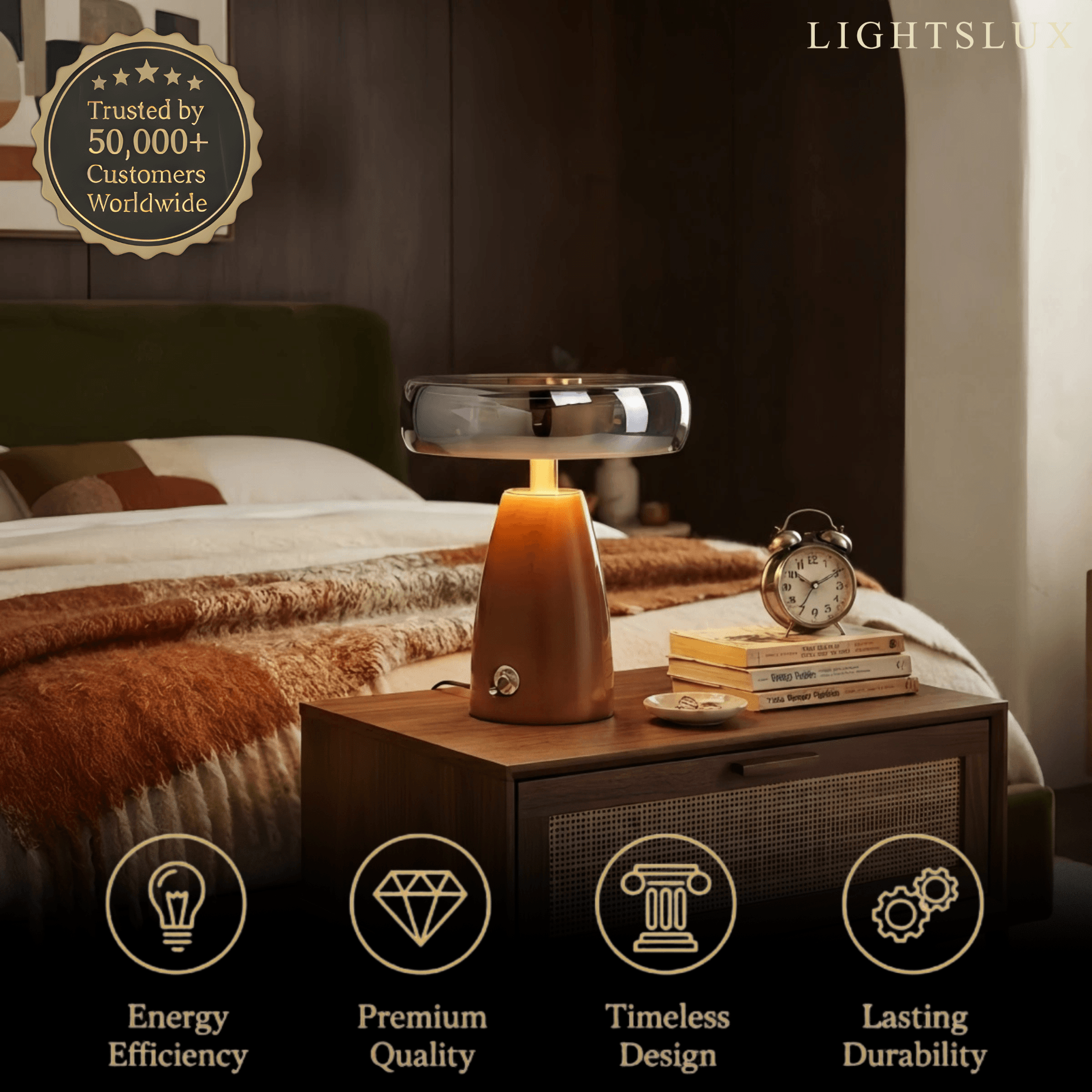 Vetro Vintage Table Lamp — Rubber wood & Smoked Glass for Bedroom