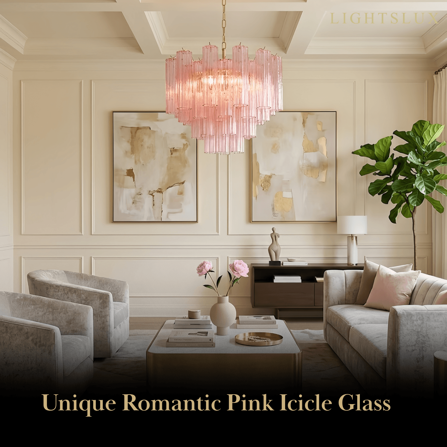 Vetro Art Deco Chandelier - Glass Iron with Tri-color LED - Pink Gold for  Living Room