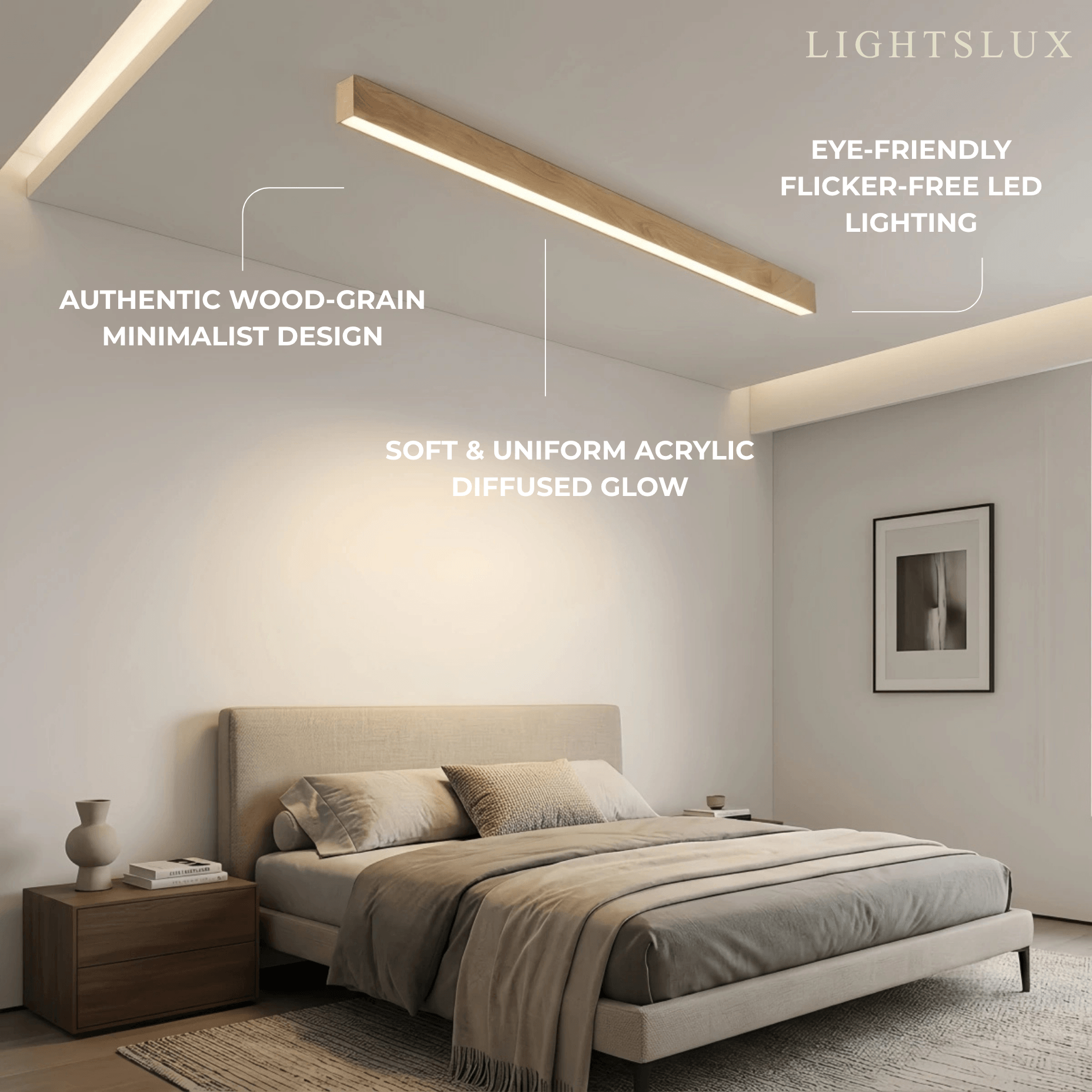 Zenno Minimalist Linear Ceiling Light -- Iron & Acrylic Wood-Grain Natural Wood/Walnut for Bedroom