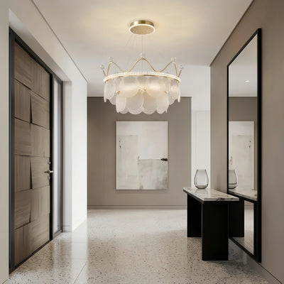 Excelis Elegant Crown-inspired Pendant Light -- Water-ripple Glass & Crystal Gold For Entryway
