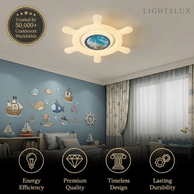 Art Deco Ship's Helm Ceiling Light -- Iron & PE Dimmable White/Blue for Bedroom
