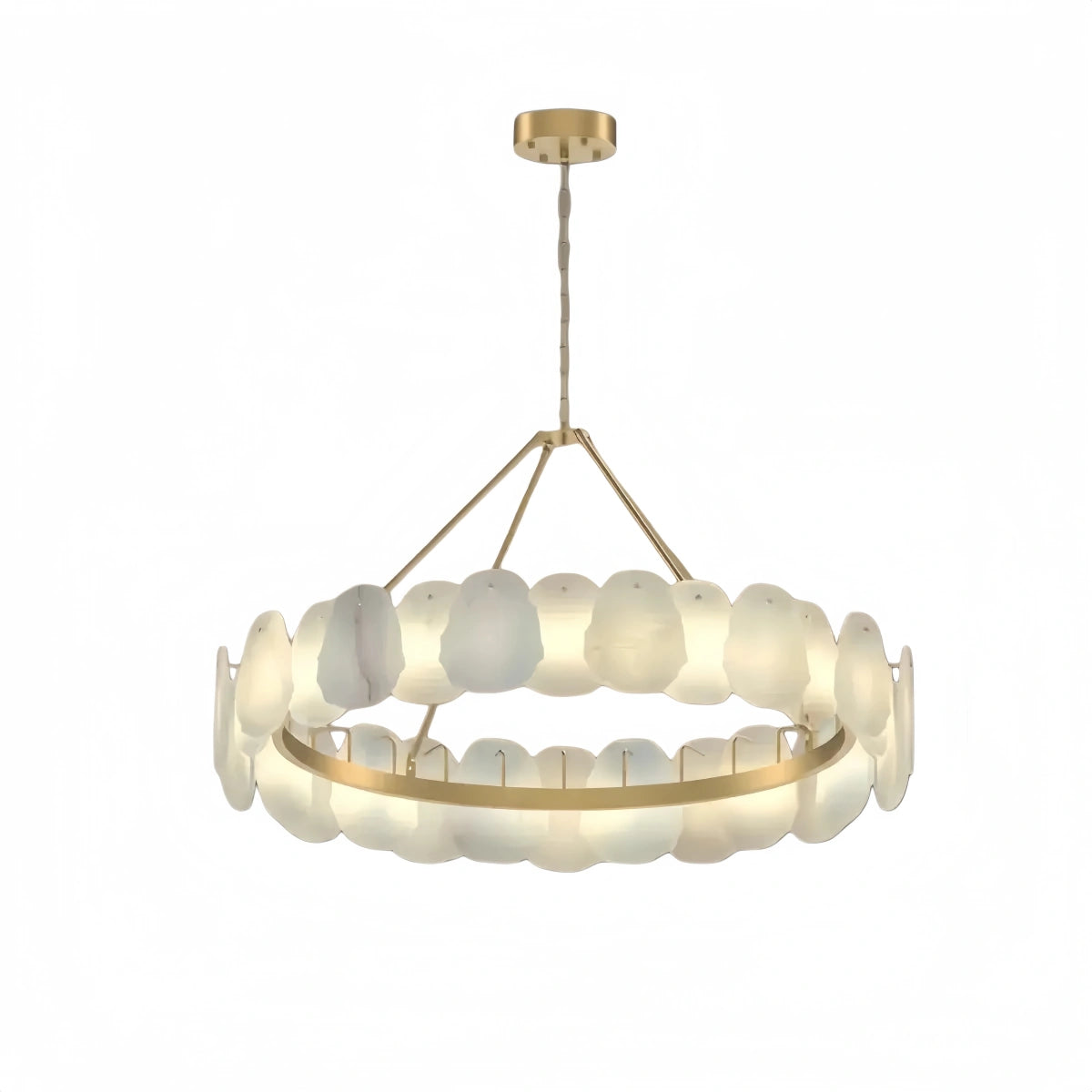 Excelis Luxury Sculptural Brushed Gold Chandelier - Layered Alabaster & Hand-Shaped Brass for Dining Room