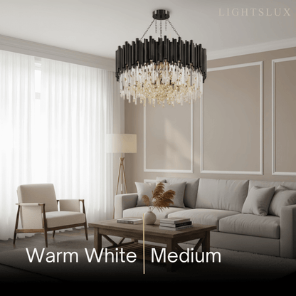 Modern Crystal Chandelier – Black Frame Sparkling Focal Point for Dining/Living Room
