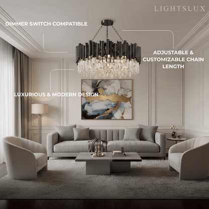 Modern Crystal Chandelier – Black Frame Sparkling Focal Point for Dining/Living Room