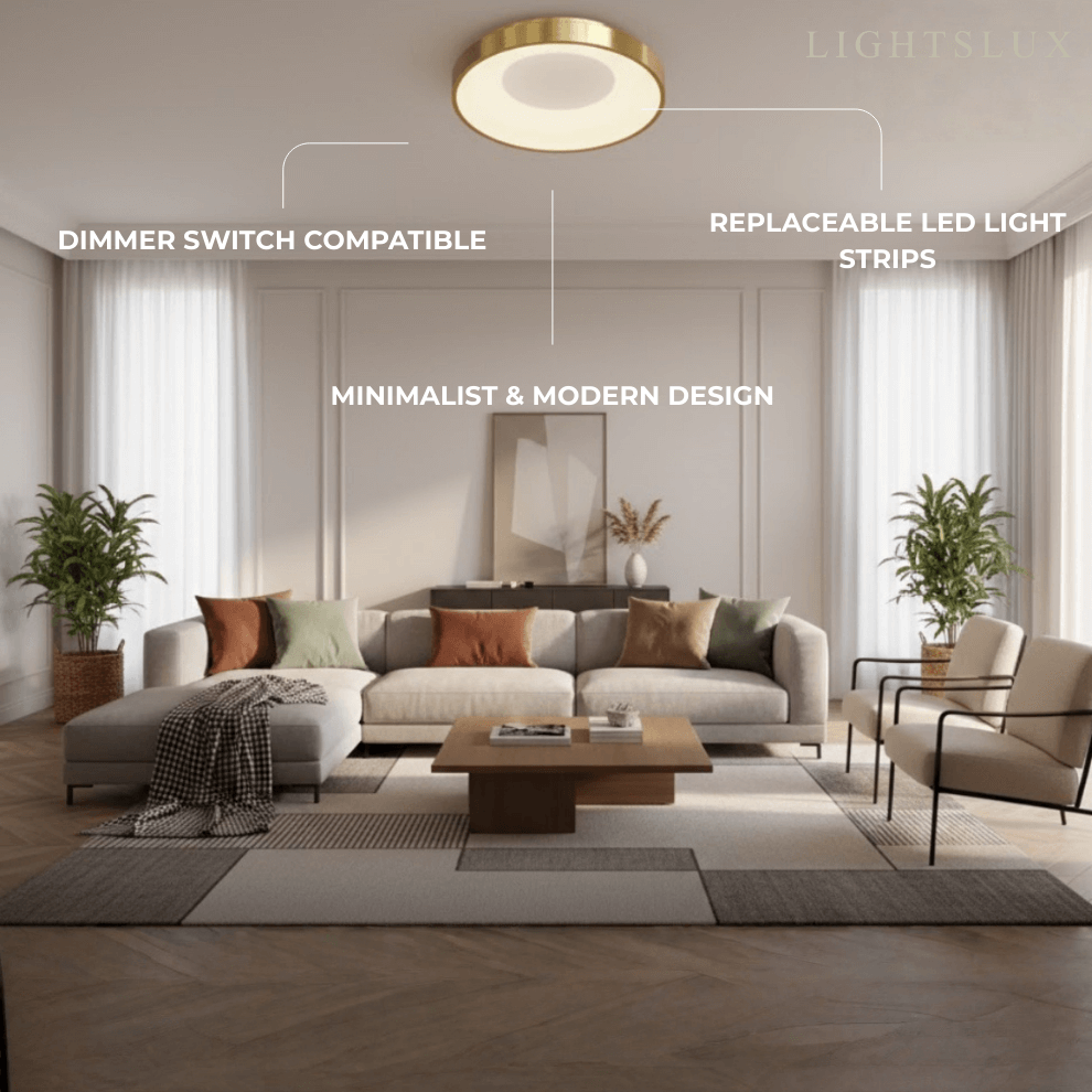 Modern Flush Mount Ceiling Light – Gold/ Black Dimmable LED for Living Room