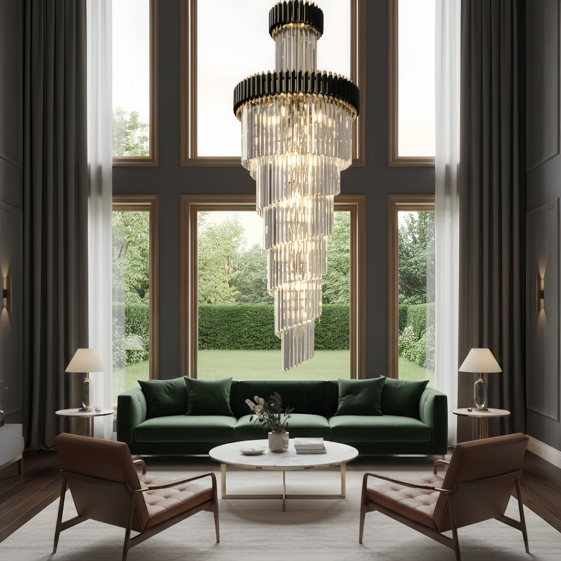 Excelis Luxury Cone Crystal Chandelier – Black Onyx Gold Large Dimmable for Foyer/Grand Hall