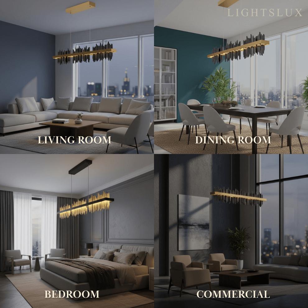 Modern Linear Pendant Light – Polished Gold Border on Jet Black Iron for Kitchen