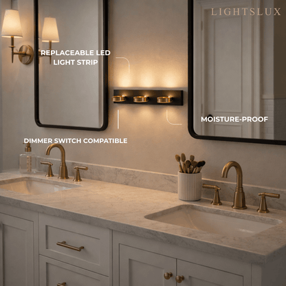 Modern 3-Light Bathroom Vanity – Circular Acrylic Shades on Matte Black/Gold Frame for Bathroom