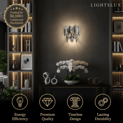 Modern Luxury Crystal Wall Sconce – Smoky Grey & Gold with Clear Crystals for Indoor