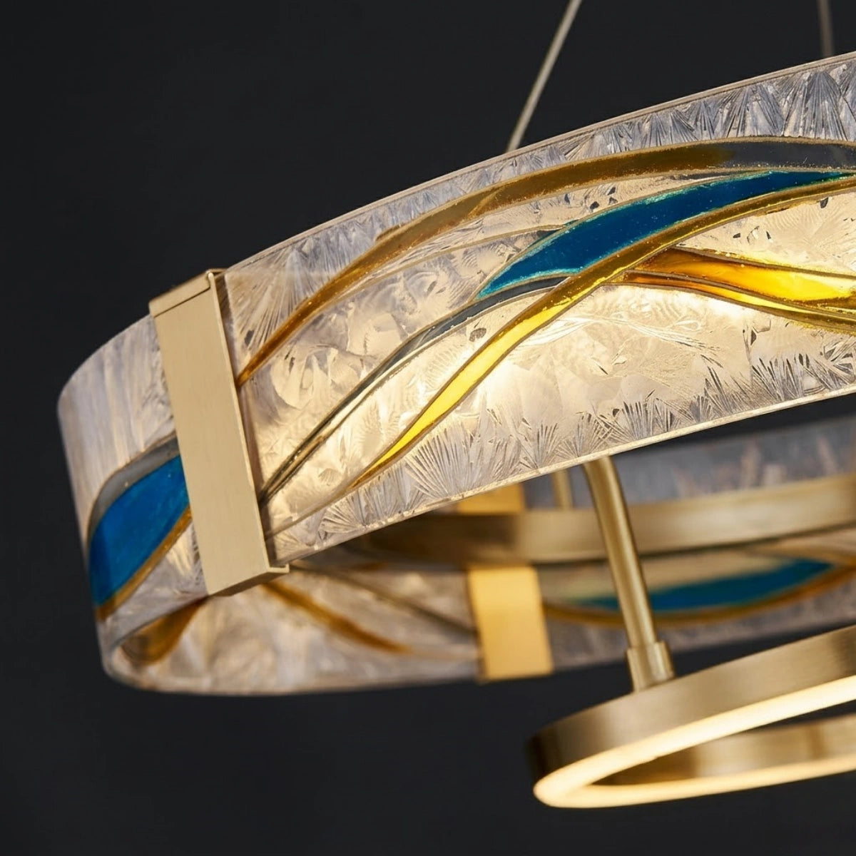 Art Deco Enamel Chandelier – Textured Glass Brushed Brass Blue Amber for Dining Room