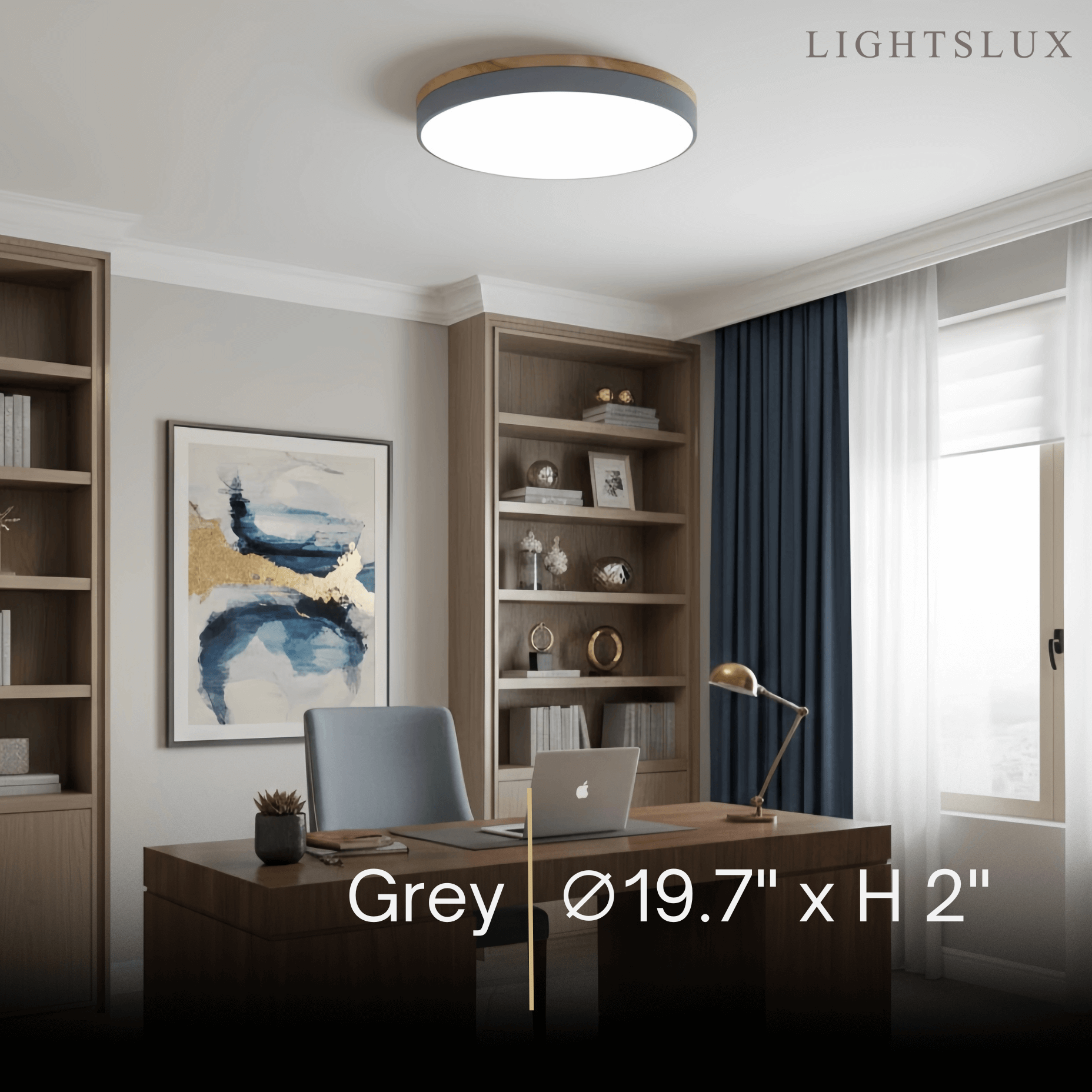 Minimalist Circular Ceiling Lamp — Wood & Matte Grey Frame 