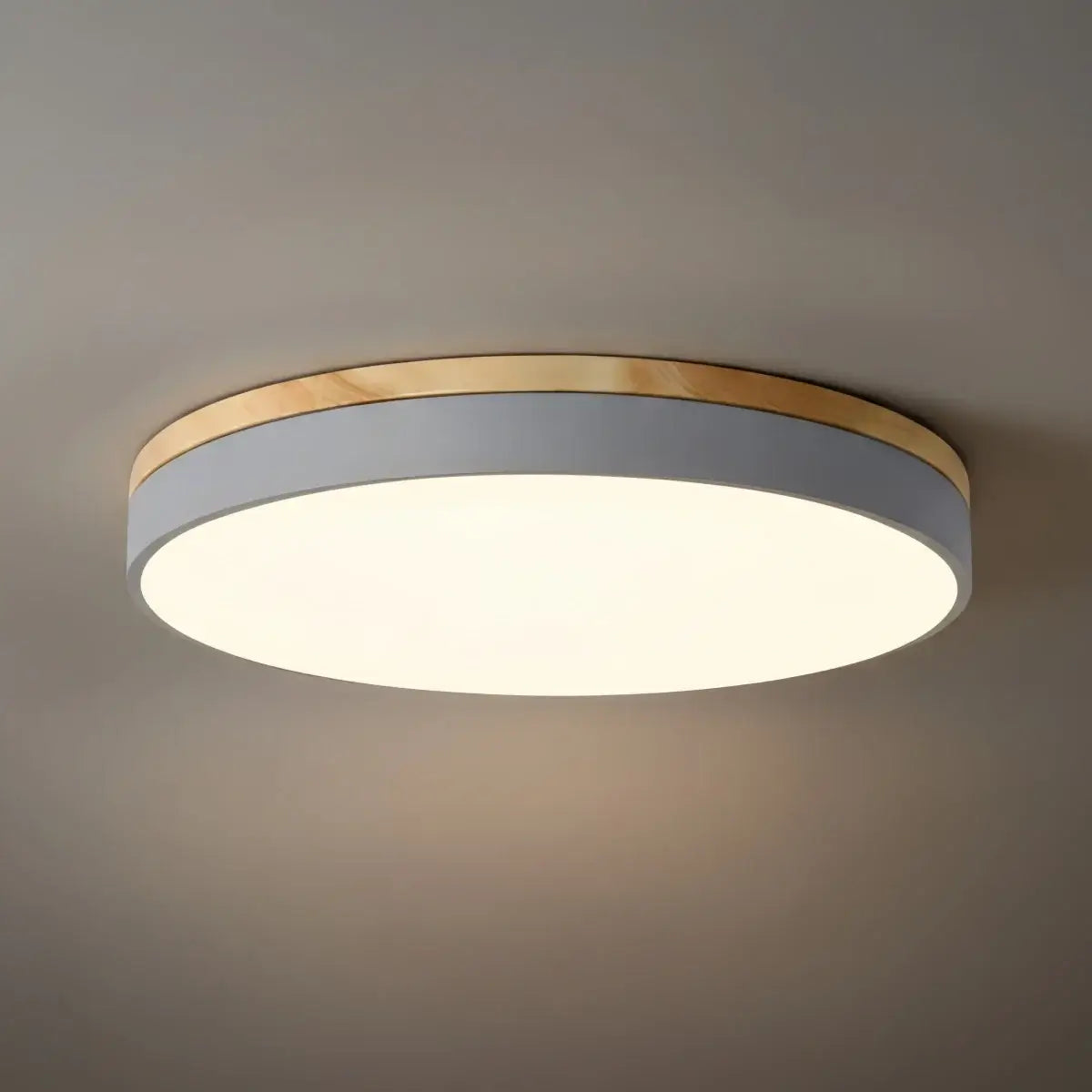 Minimalist Circular Ceiling Lamp — Wood & Matte Grey Frame 