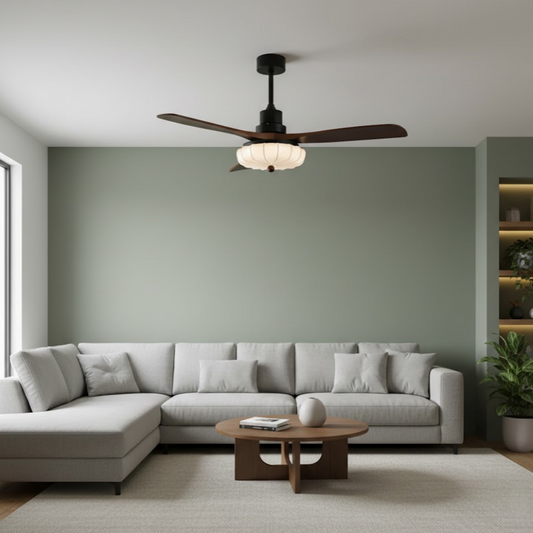 Modern Ceiling Fan Light — Lotus Fabric Shade & Walnut Wood