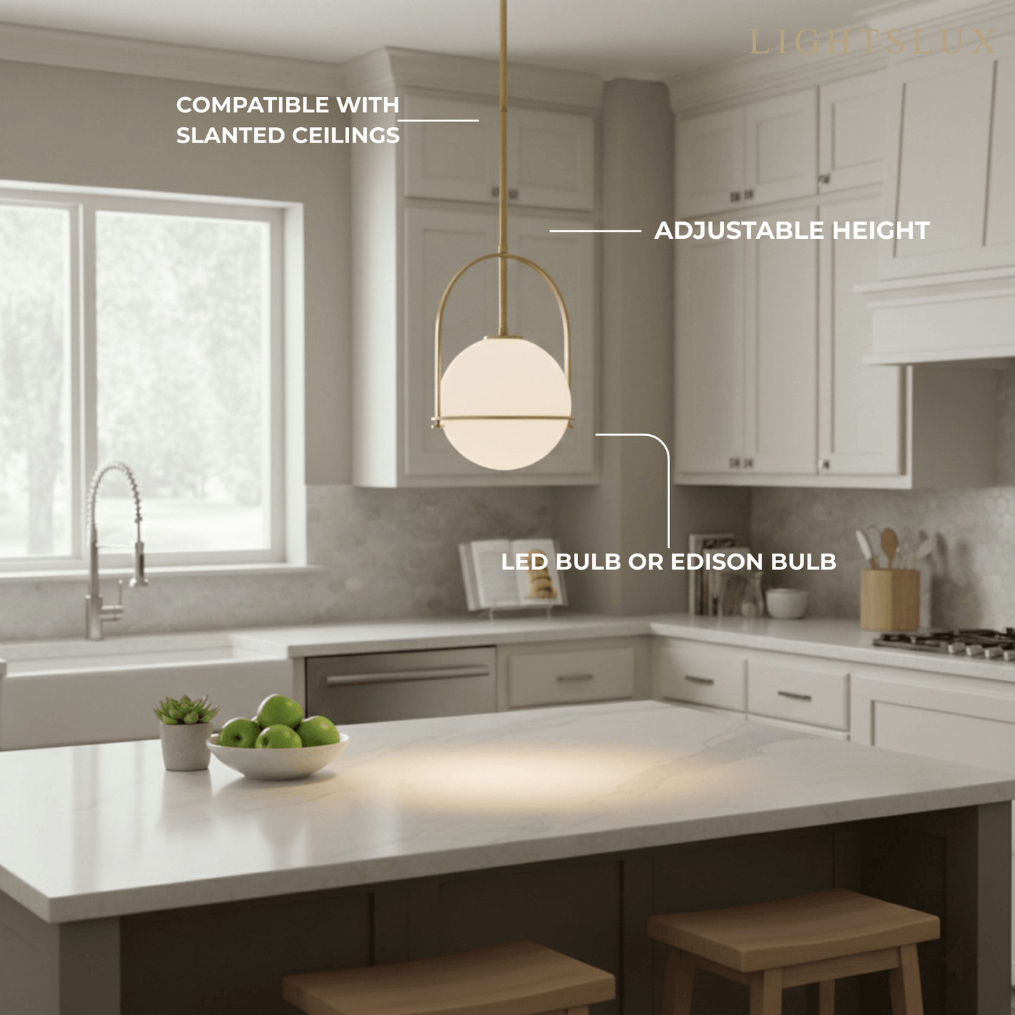 Modern Ceiling Light — Etched Opal Glass Globe & Brass Black