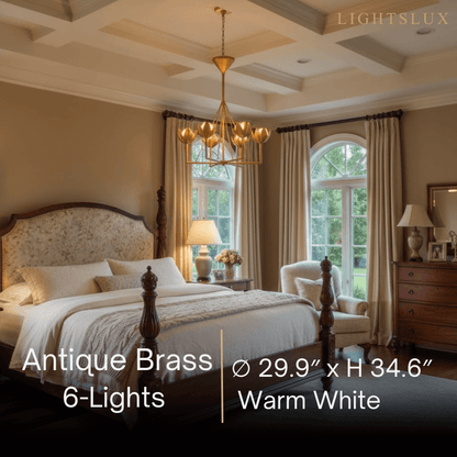 Chandelier — Curved Petal Shades & Brass Frame for Dining Room