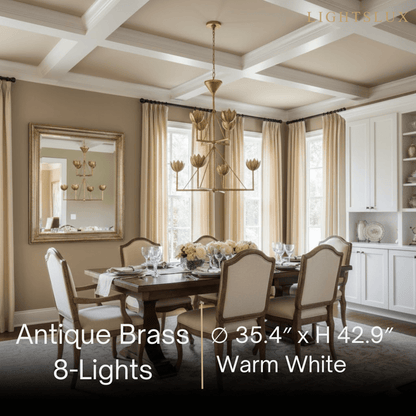 Chandelier — Curved Petal Shades & Brass Frame for Dining Room