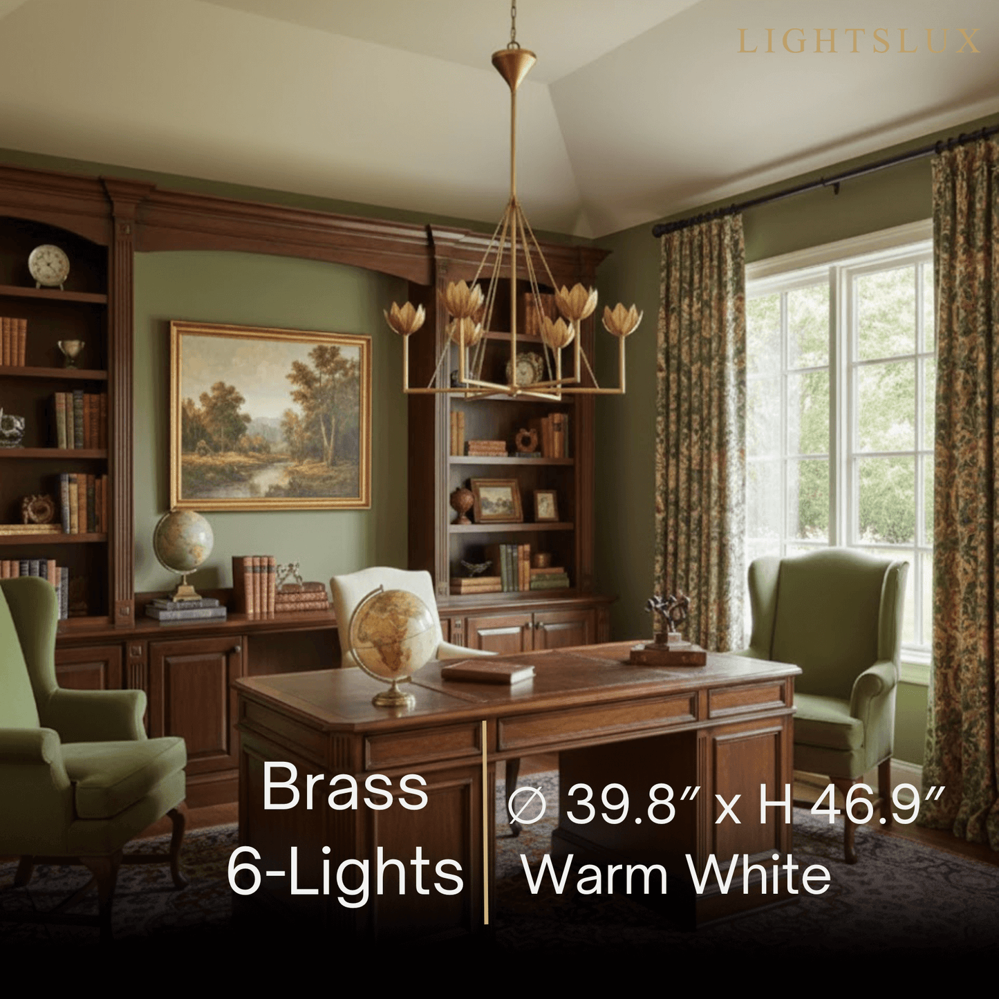 Chandelier — Curved Petal Shades & Brass Frame for Dining Room
