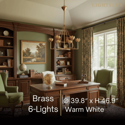 Chandelier — Curved Petal Shades & Brass Frame for Dining Room