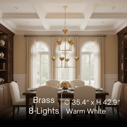 Chandelier — Curved Petal Shades & Brass Frame for Dining Room