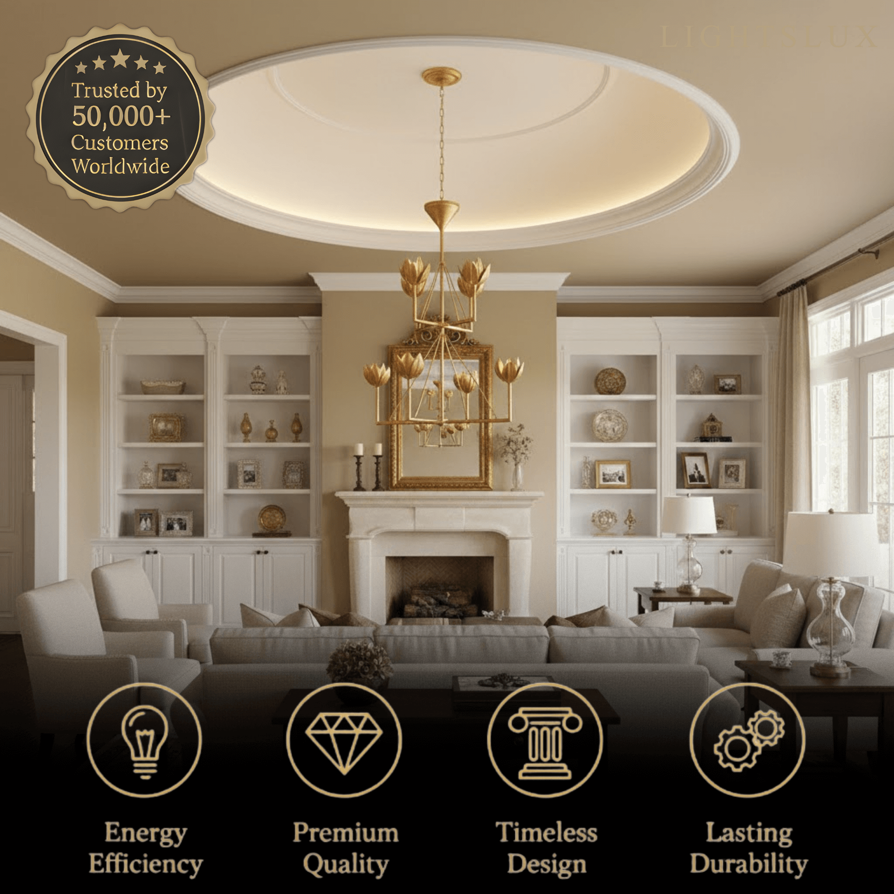 Chandelier — Curved Petal Shades & Brass Frame for Dining Room