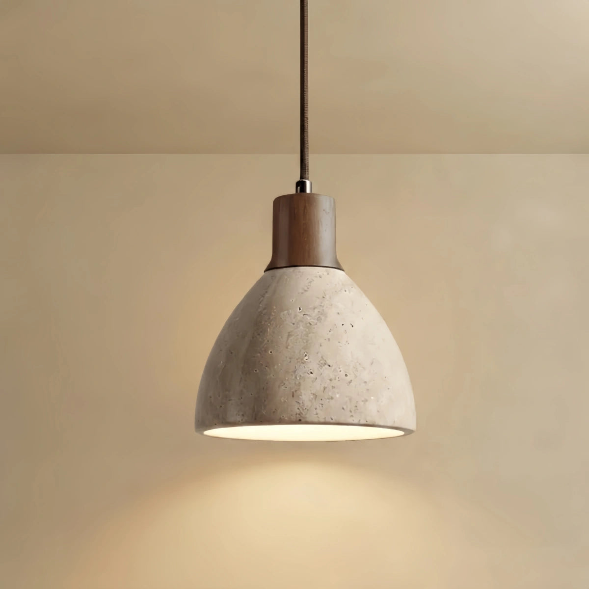Strata Modern Organic Pendant Light — Travertine Stone & Wood Kitchen Island Lighting