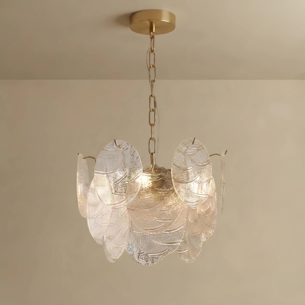 Gold Chandelier — Rippled Wavy Glass Panels & Iron Frame for Living Room