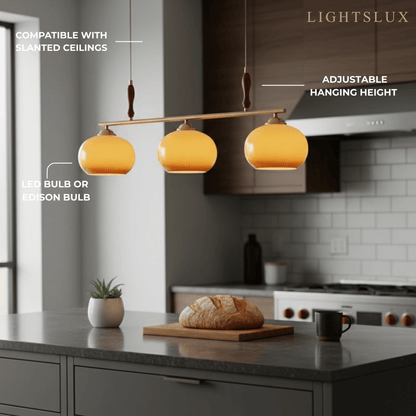 Modern Pendant Lamp — Amber Glass Shades & Brass Bar Wood Accent