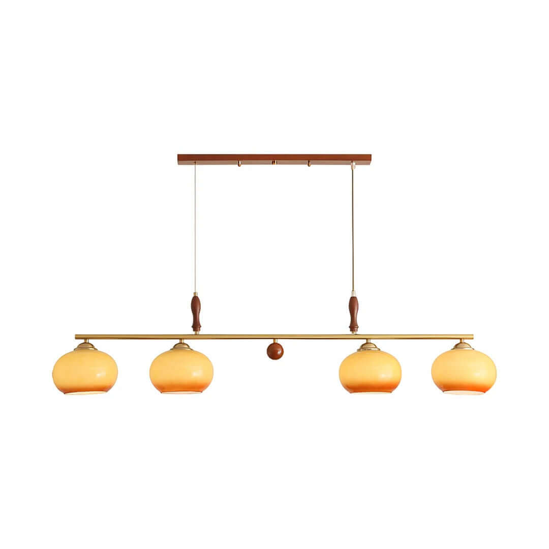 Modern Pendant Lamp — Amber Glass Shades & Brass Bar Wood Accent