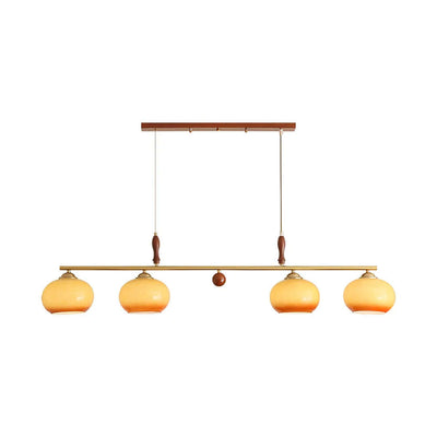 Modern Pendant Lamp — Amber Glass Shades & Brass Bar Wood Accent