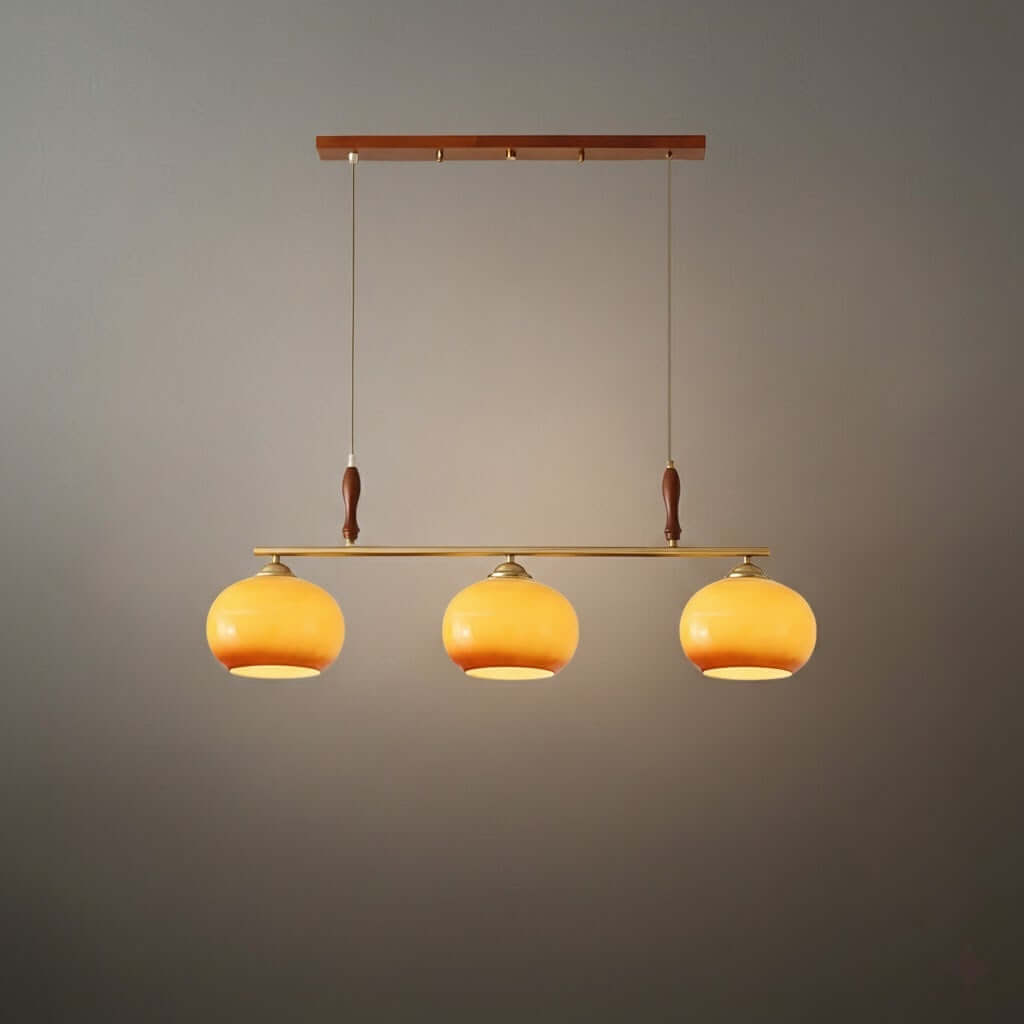 Modern Pendant Lamp — Amber Glass Shades & Brass Bar Wood Accent