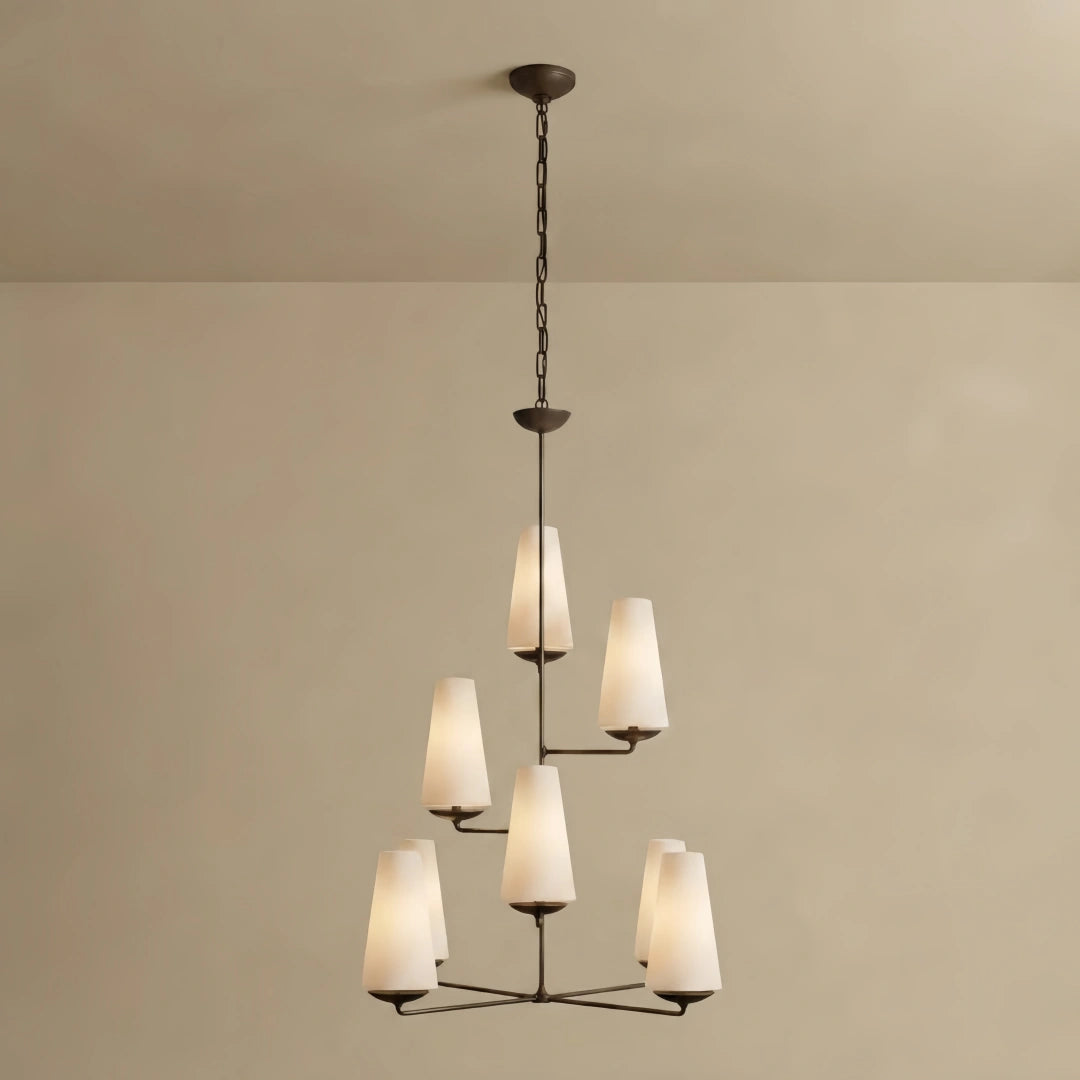 Modern Tiered Chandelier — Copper Frame & Linen Shades for Dining Room