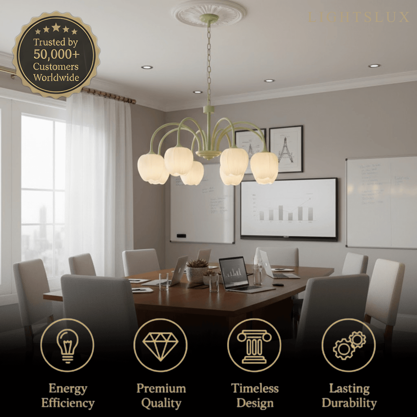 Modern Tulip Chandelier – Matcha Metal and White Glass Ceiling Light