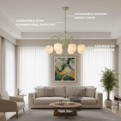 Modern Tulip Chandelier – Matcha Metal and White Glass Ceiling Light