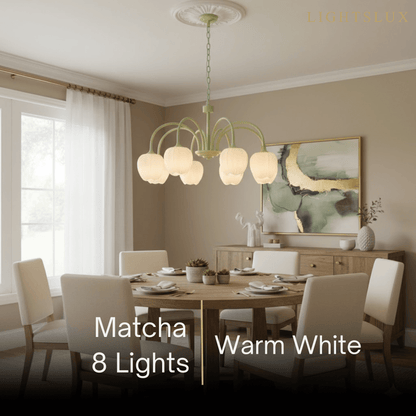 Modern Tulip Chandelier – Matcha Metal and White Glass Ceiling Light