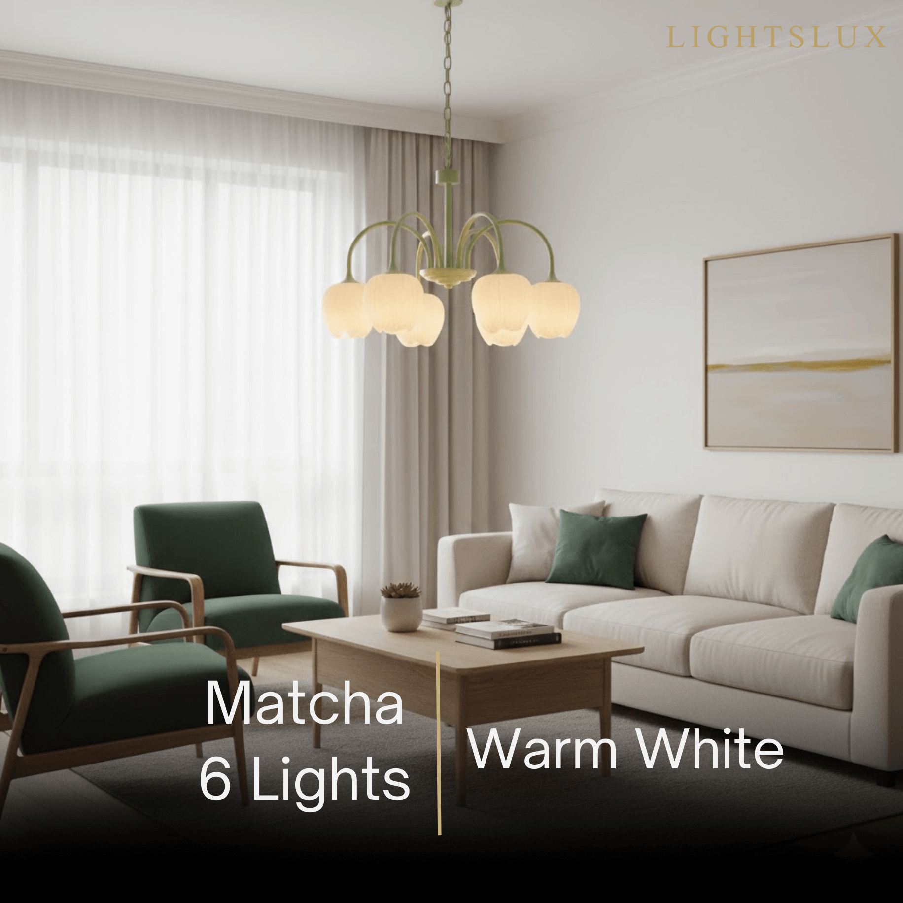 Modern Tulip Chandelier – Matcha Metal and White Glass Ceiling Light