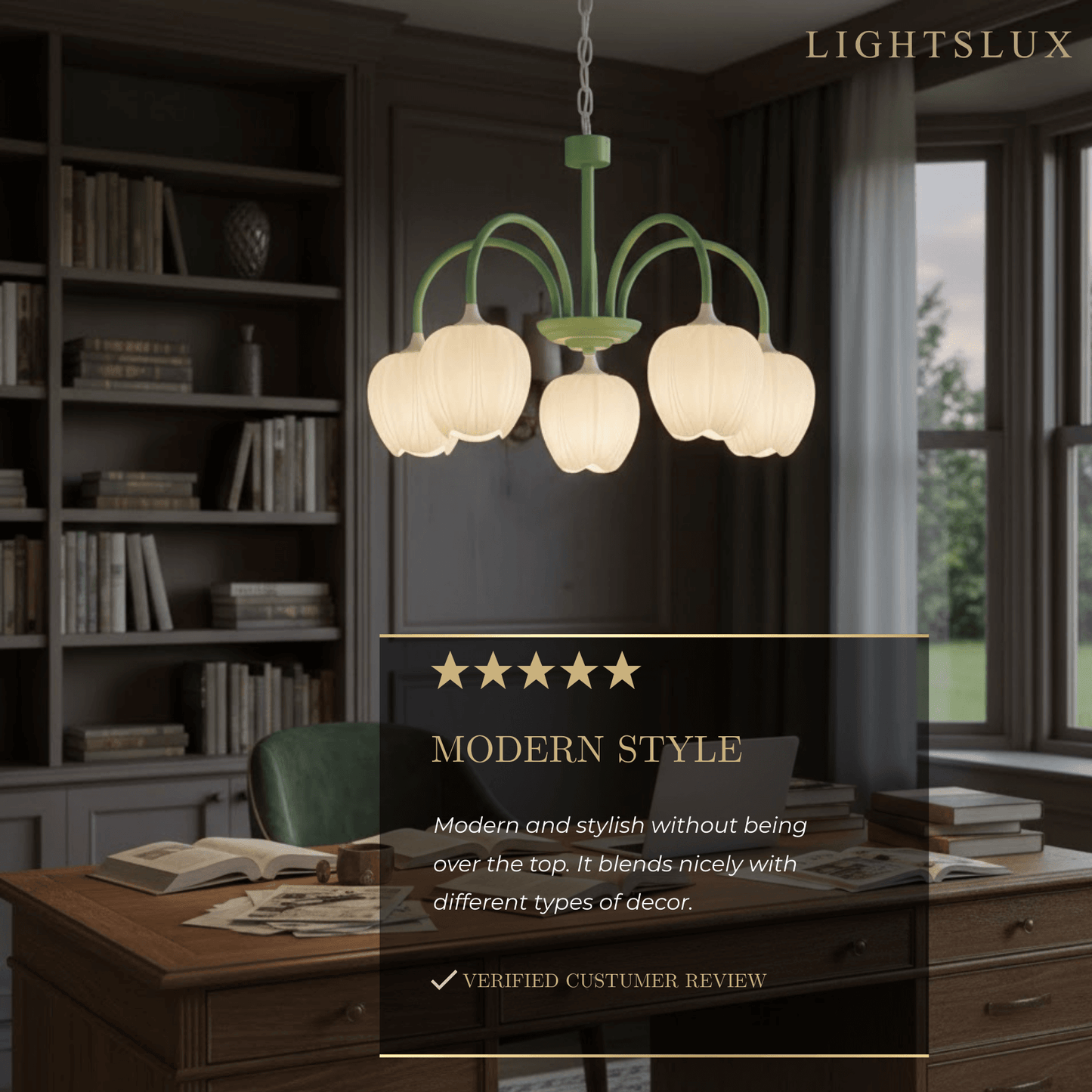 Modern Tulip Chandelier – Matcha Metal and White Glass Ceiling Light