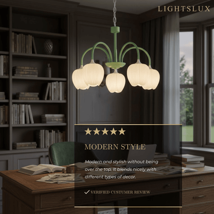 Modern Tulip Chandelier – Matcha Metal and White Glass Ceiling Light
